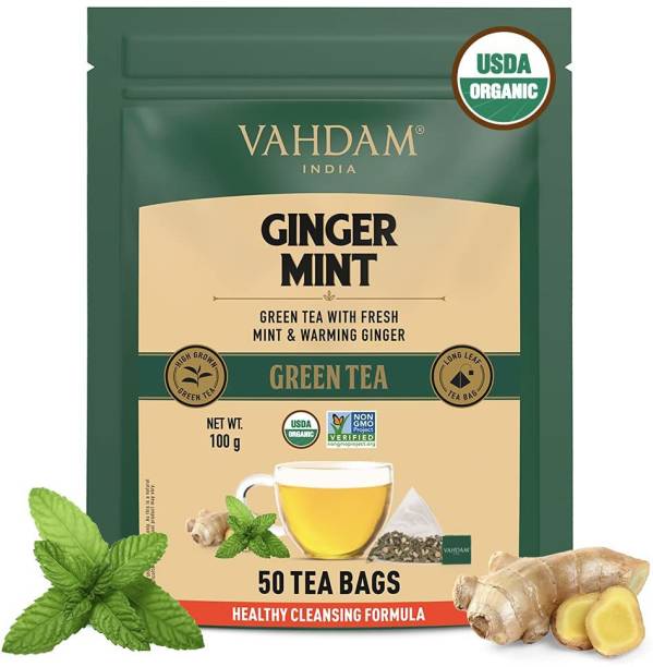 Vahdam Ginger Mint Green Tea - 50 Tea Bag |Boosts Immunity| Antioxidant Rich Ginger Green Tea Box
