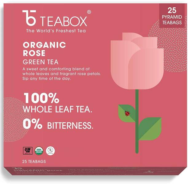 Teabox Rose Green Tea For Glowing Skin, Made with 100% Whole Leaf & Natural Rose Petals, 27 Pyramid Tea Bags (25 Tea Bags + 2 Free Samples) Rose Green Tea Bags Pouch
