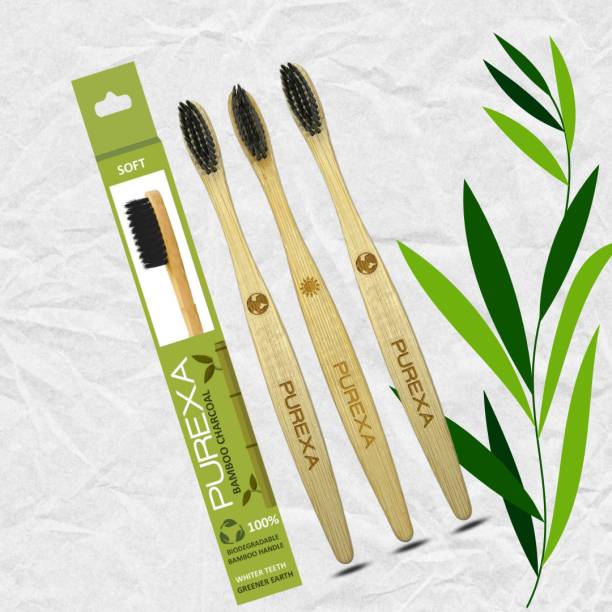 PUREXA Bamboo Charcoal Toothbrush, Soft brush - (Pack of 3), With Charcoal Infused BPA free Grade 4 Nylon Soft Bristles Soft Toothbrush