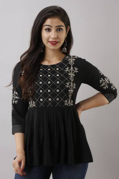 Casual Regular Sleeves Embroidered Women Black Top Price in India