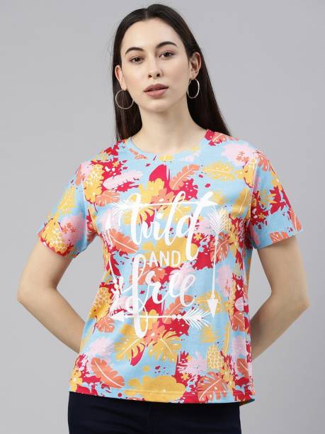 JUNEBERRY Casual Short Sleeve Printed Women Multicolor Top