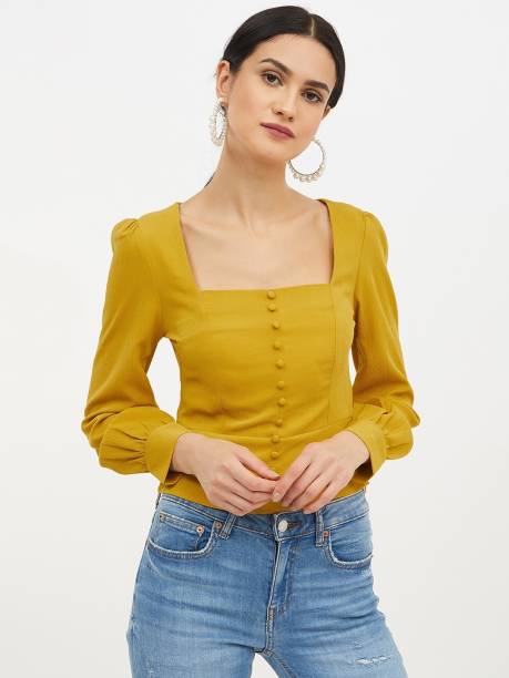 HARPA Casual 3/4 Sleeve Solid Women Yellow Top