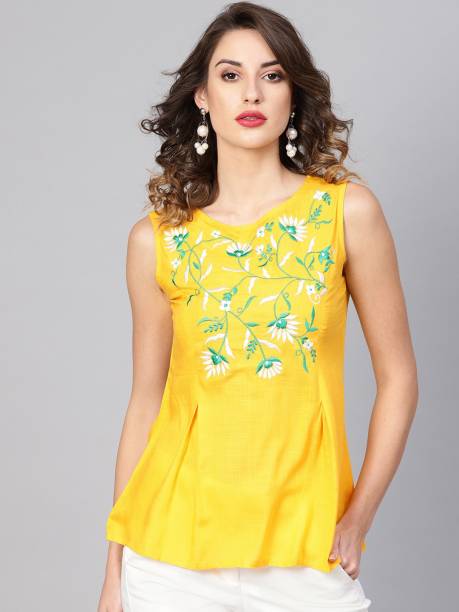 Yash Gallery Party Sleeveless Embroidered Women Yellow Top