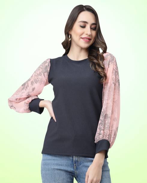 Casual Balloon Sleeve Floral Print Women Grey Top Price in India