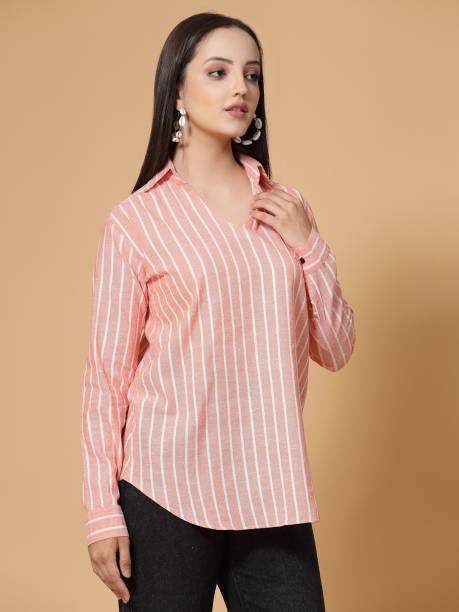 Casual Cuffed Sleeves Striped Women Orange Top Price in India