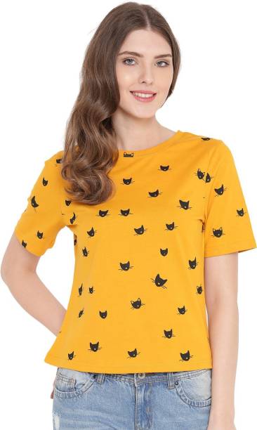 Gritstones Casual Half Sleeve Printed Women Yellow Top