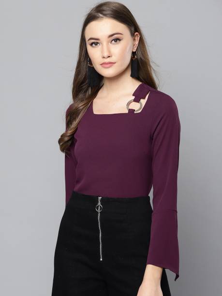 HARPA Casual Bell Sleeve Solid Women Purple Top