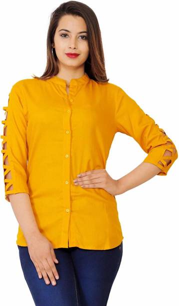 Silkova Casual Cutout Sleeve Solid Women Yellow Top