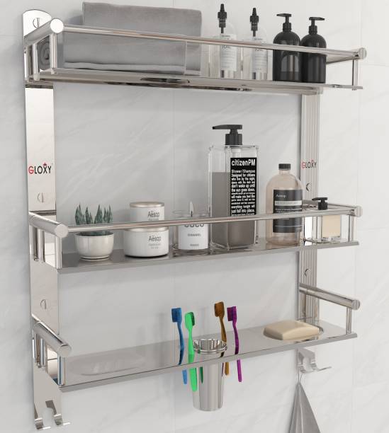 GLOXY by GLOXY 3 Layer Multipurpose Bathroom Shelf with Double Soap Dish and Tumbler Holder Silver Towel Holder
