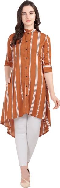 Serein Casual Regular Sleeve Striped Women Orange Top