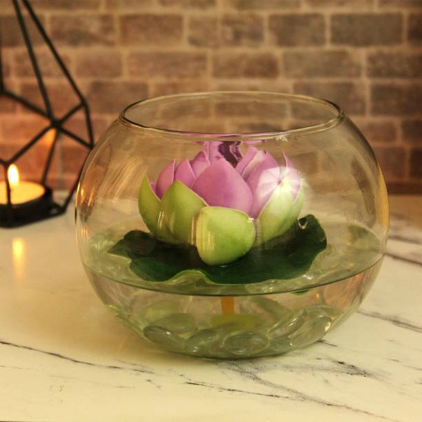 TIED RIBBONS Round glass vessel with faux Lotus and natural stones Flower Pot With Artificial Flowers Iron Vase