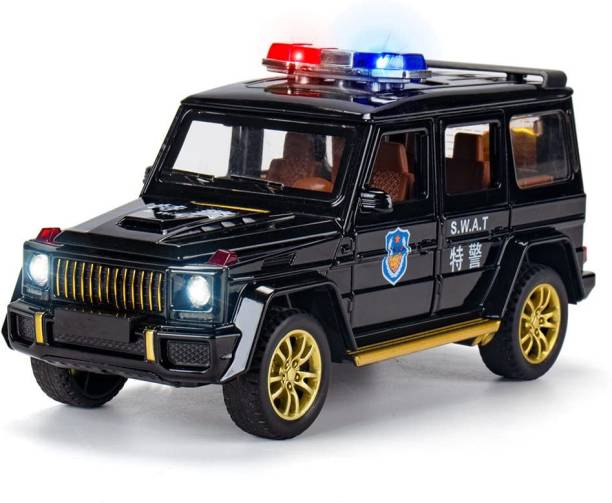 DEUSON ECOM 1:24 Metal Car for Kids Police Diecast Model Sound and Light Pull Back Car Toys