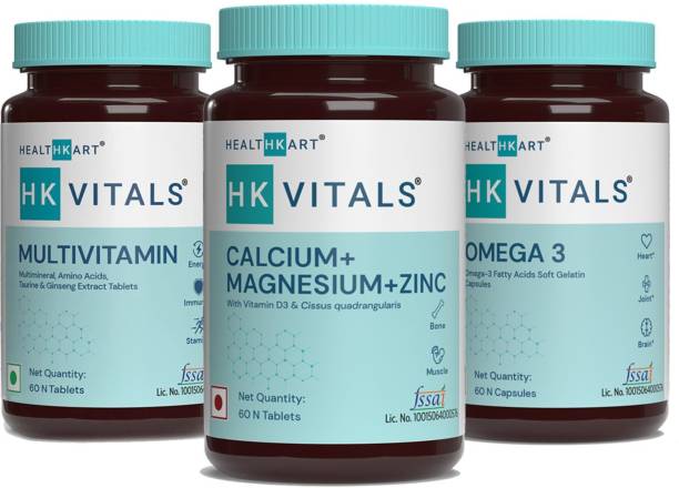 HEALTHKART Omega (60 caps) + Multivitamin (60 tablets) + Calcium (60 caps), 3 Piece(s)/Pack