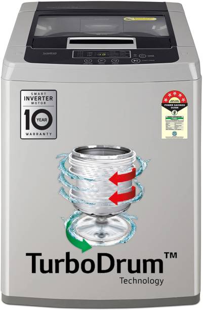 LG 8 kg Smart Inverter, Smart Motion, Combined with TurboDrum and 5 Star Rated, Middle Free Fully Automatic Top Load Washing Machine Silver