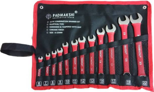 Padmakshi Combination Spanner Set-6mm To 22 mm ,12-Piece,Chrome Vanadium Steel 12-Piece,Chrome Vanadium Steel, with Rolling Pouch ,Red Color (With Bag) Double Sided Combination Wrench