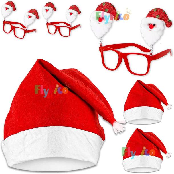 FlyPico 3 Red Caps and 3 Santa Goggle Frame Christmas Accessories for Kids Part Theme Christmas Sack