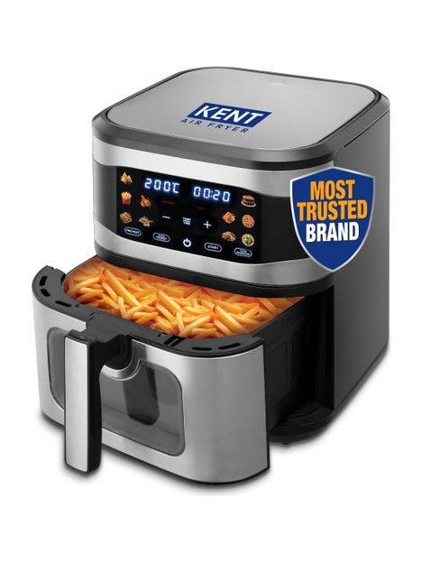 KENT Digital Air Fryer 8L | 1700W | Bake, Grill & Roast | Up to 80% Less Oil Usage | 7 Preset Menu | Digital Display & Touch Control Panel | Glass Window with in built Light | Auto Cut-Off Silver Air Fryer(8 L)