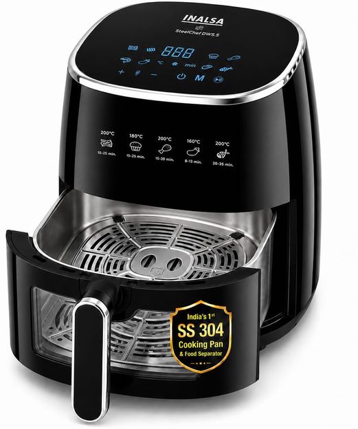 Inalsa Digital,SteelChef DW5.5,1600W,8-Smart Presets,Stainless Steel,Non Toxic oil free Air Fryer(5.5 L)