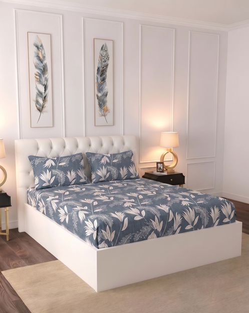 Raymond Home Microfiber Double Flat 110 TC Floral 1 Bedsheet(Blue)