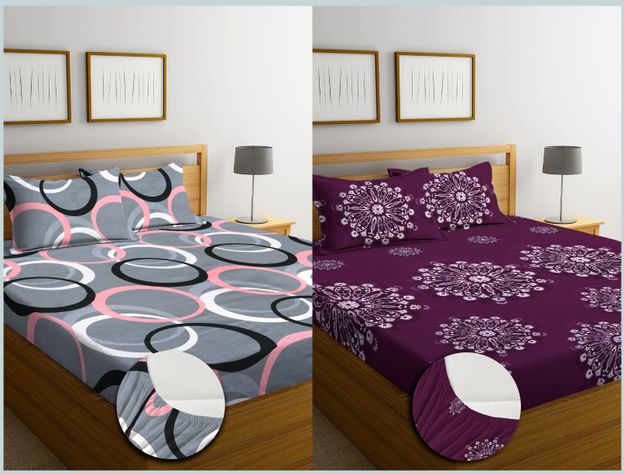 KURRY HOME FURNISHING Cotton Double Fitted (Elastic) 210 TC Abstract 2 Bedsheets with 4 Pillow Covers(Multicolor)