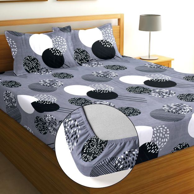 Moonroof Cotton Double Fitted (Elastic) 244 TC Printed 1 Summer Bedsheet with 2 Pillow Covers(Grey)