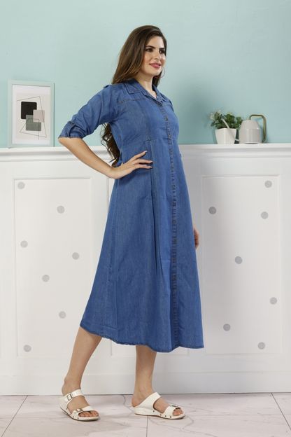 EASYMOM Women Fit and Flare Blue Midi/Calf Length Dress