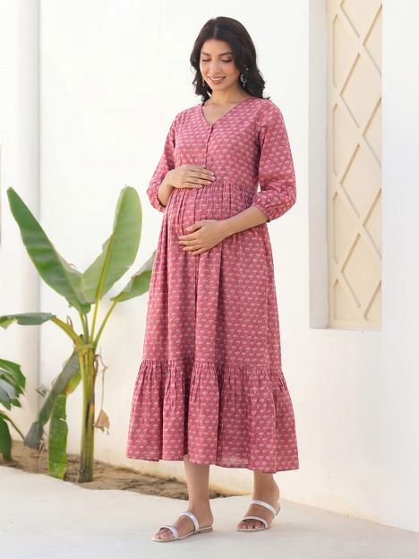 Janasya Women Tiered Pink Midi/Calf Length Dress