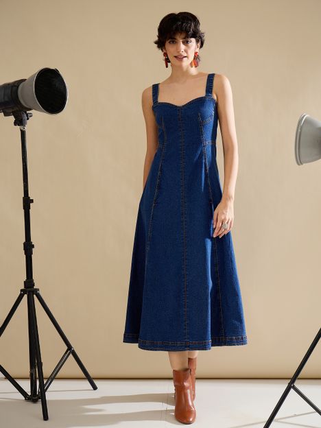 SASSAFRAS Women A-line Dark Blue Midi/Calf Length Dress