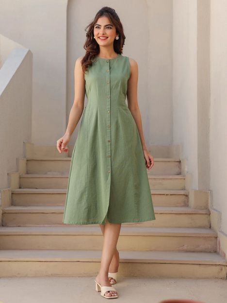 Janasya Women A-line Green Midi/Calf Length Dress