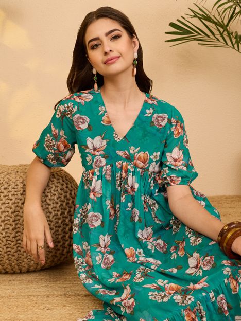 Janasya Women A-line Green Midi/Calf Length Dress