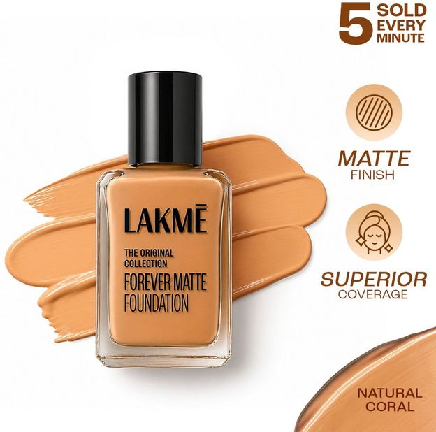 Lakmé Forever Matte , Superior Coverage, Vit E, Lightweight Foundation(Coral, 27 ml)