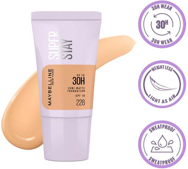 MAYBELLINE NEW YORK Super Stay Lumi-Matte Foundation-228, 30H Wear, Lightweight, Suits all skintypes Foundation(228, 18 ml)