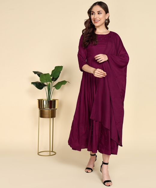 NARI DREAM Women Applique Anarkali Kurta(Purple)
