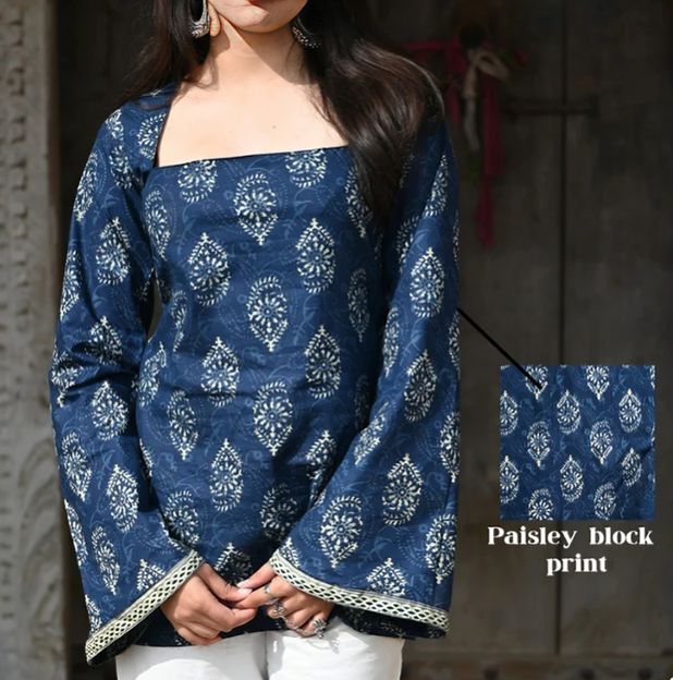 SANGOURI Women Printed Straight Kurta(Blue)