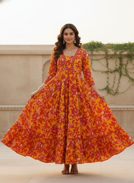 Sa Rasa Women Printed Anarkali Kurta(Orange)