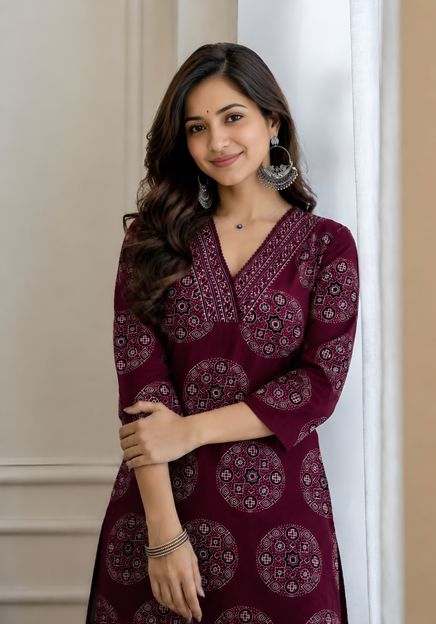 Hunaiza Women Printed Straight Kurta(Purple)
