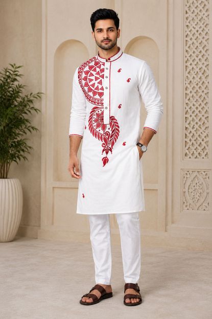 Barshaa Men Embroidered Straight Kurta(White, Red)
