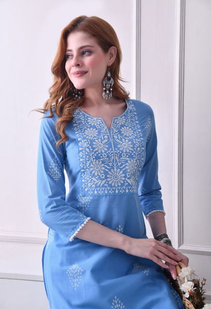 KJFAB Women Printed Straight Kurta(Blue)