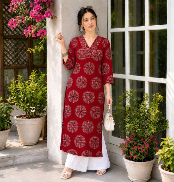 Fyunl Women Printed Straight Kurta(Maroon)