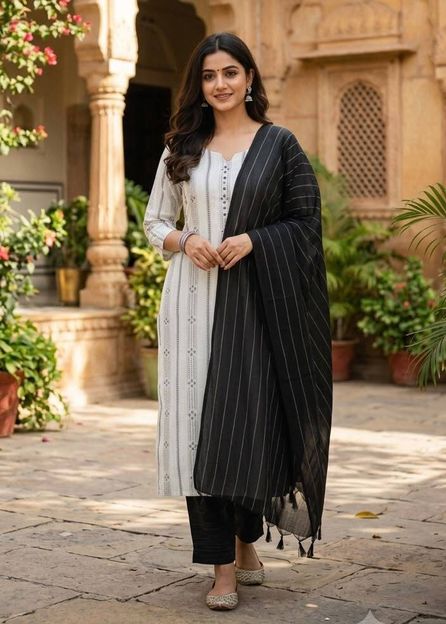 Maharaja textile Women Printed A-line Kurta(White, Black)