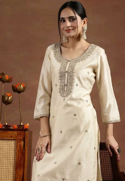 NARACHI TEXWORLD Women Embroidered Straight Kurta(Beige)