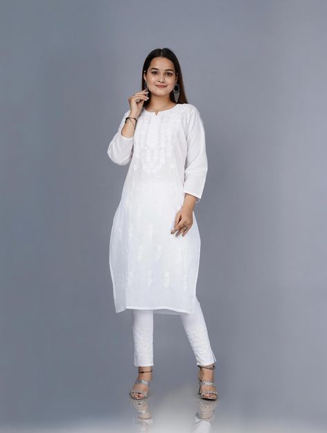 Lakhnavi Fabrics Women Embroidered Straight Kurta(White)
