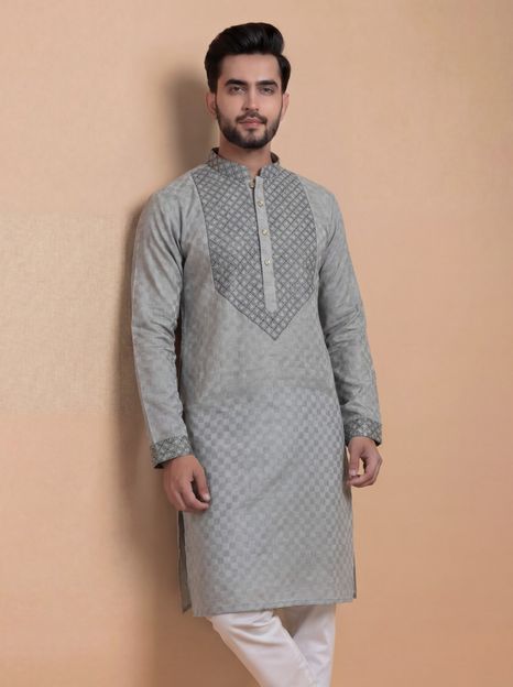 Tibra Collection Men Embroidered Straight Kurta(Grey)