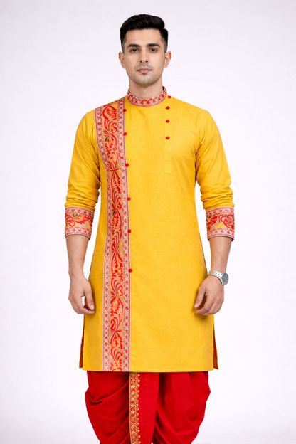 GOURI COLLECTIONS Men Printed Straight Kurta(Yellow)