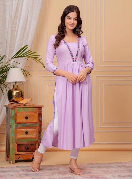 TANTANATAN Women Embroidered Anarkali Kurta(Purple)