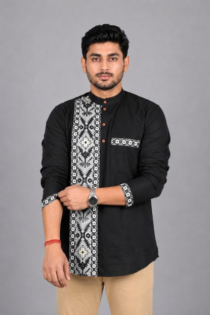 GOURI COLLECTIONS Men Printed Straight Kurta(Black)