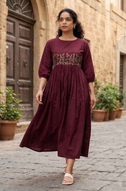 Preetshri Women Printed Flared Kurta(Maroon)