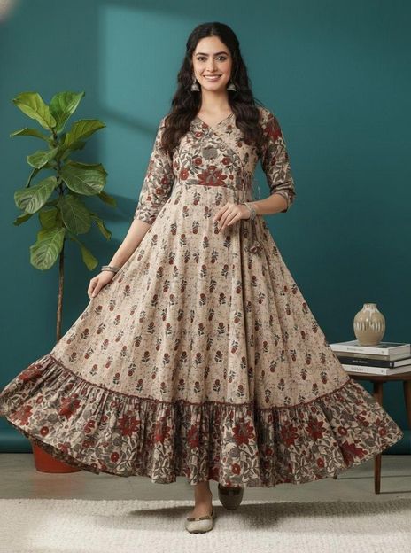 Sa Rasa Women Floral Print Anarkali Kurta(Brown)