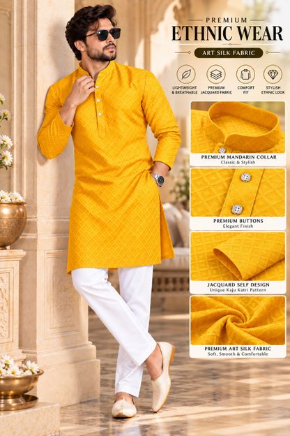 ANREX Men Self Design Straight Kurta(Yellow)