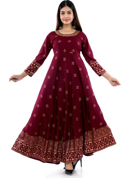 DOM Women Printed Anarkali Kurta(Maroon)
